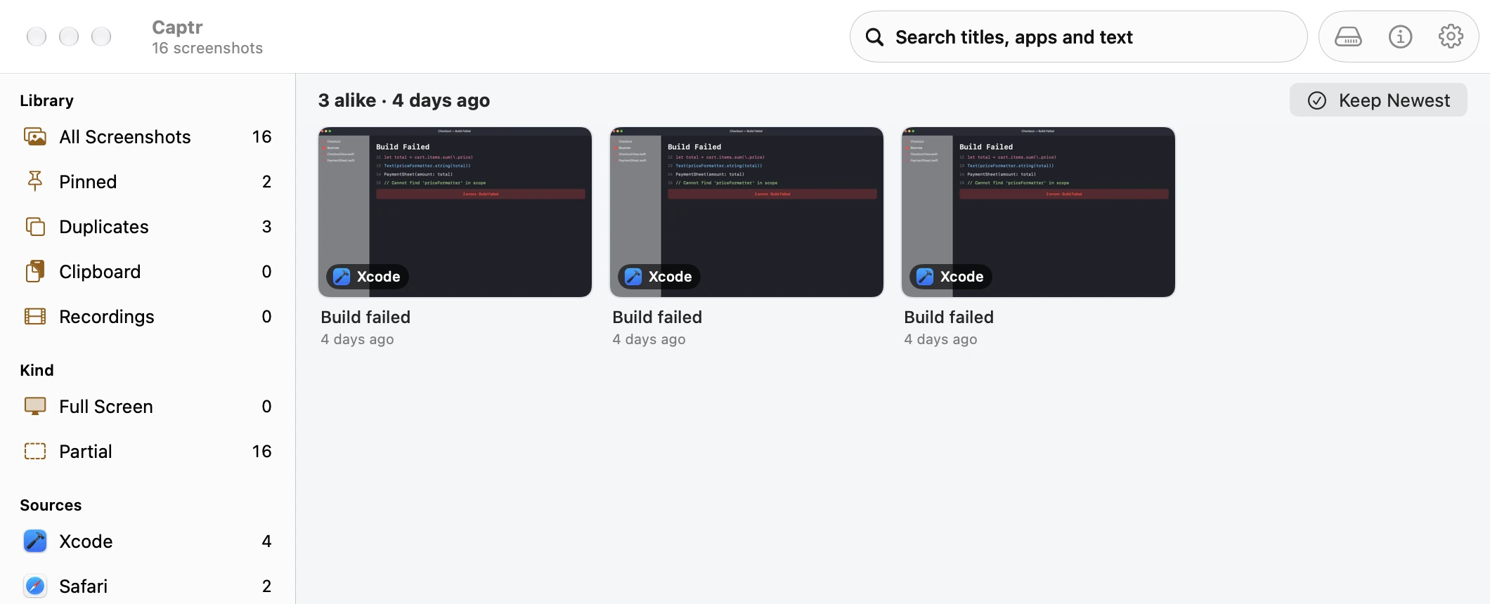 Duplicates: three near-identical Build Failed screenshots from Xcode, with a Keep Newest button