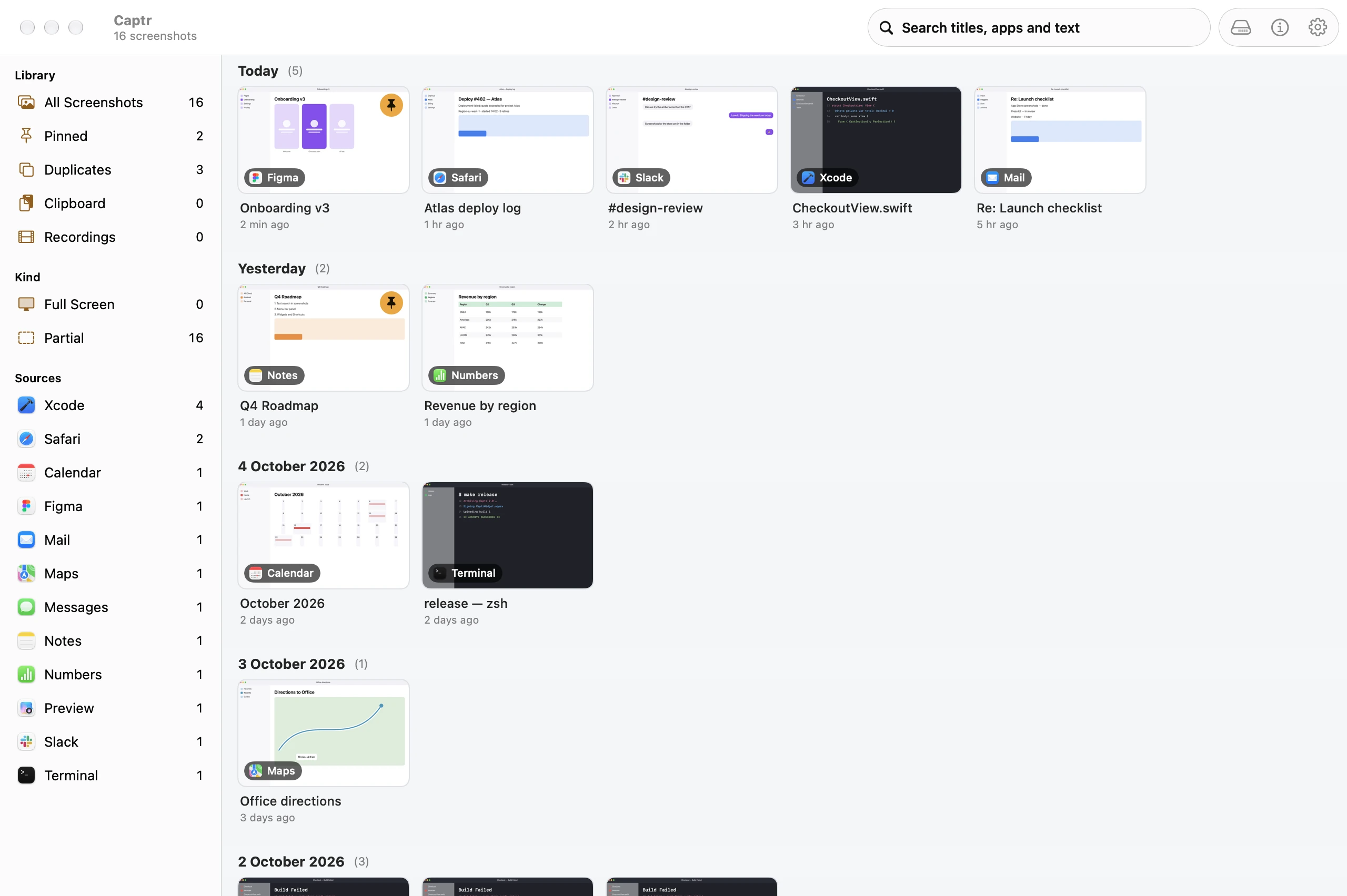 The Captr library: a sidebar with Library, Kind and every source app with its icon and count, and a grid of screenshots grouped by day, each labelled with the app it came from