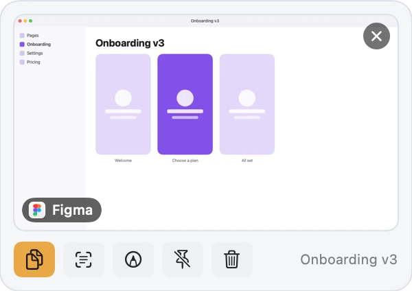 The corner preview after a capture: the new screenshot with buttons to copy, copy text, crop, pin or delete