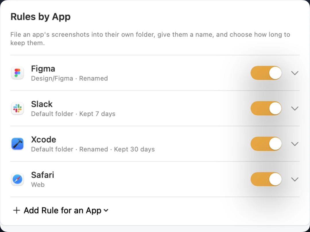 Rules by App: Figma to Design/Figma and renamed, Slack kept 7 days, Xcode renamed and kept 30 days, Safari to Web