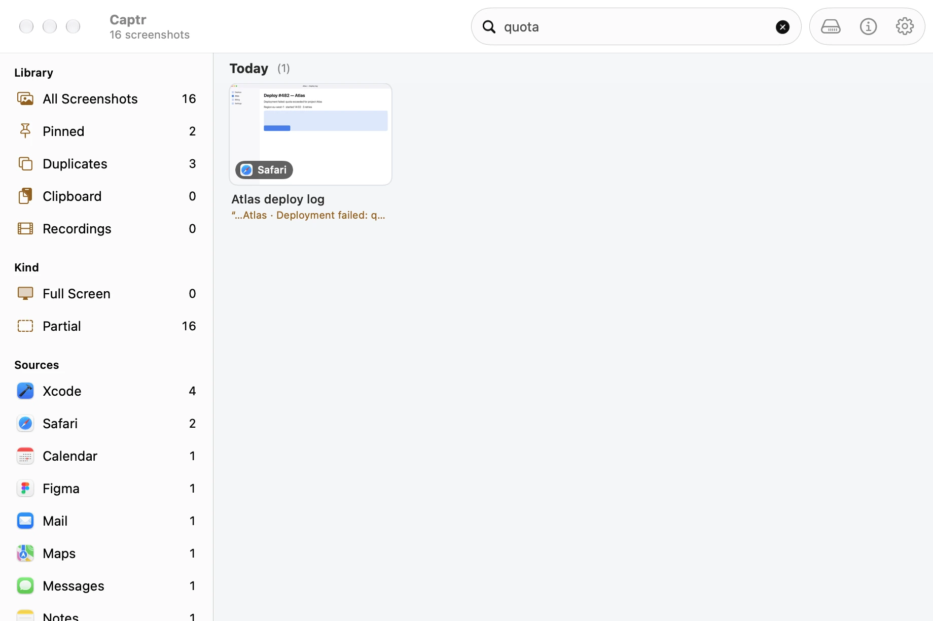 Searching for quota: one result, the Atlas deploy log from Safari, with the matching text Deployment failed, quota exceeded under it