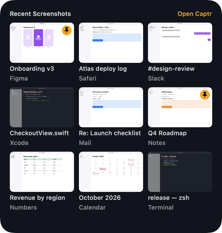 The large Recent Screenshots widget: a grid of nine screenshots with their titles and source apps